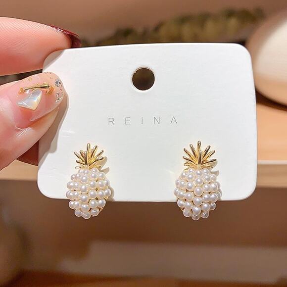 Pineapple Earrings Gold Stud Pearl Post Earrings Minimalist Jewelry - Picture 2 of 8